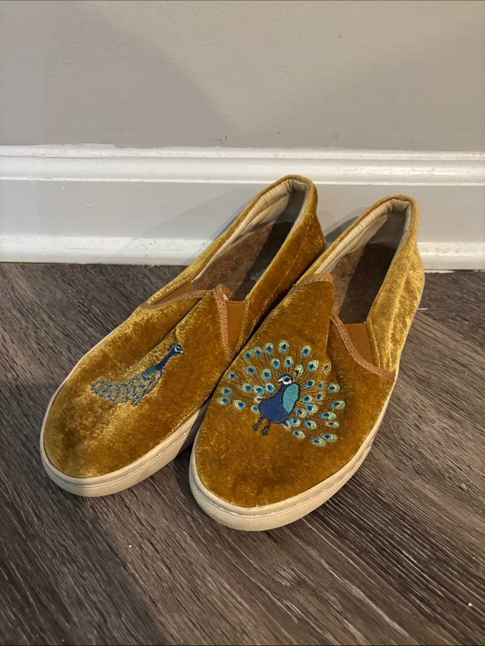 Soludos Mustard Velvet Slip-On Mules with Embroidered Peacock